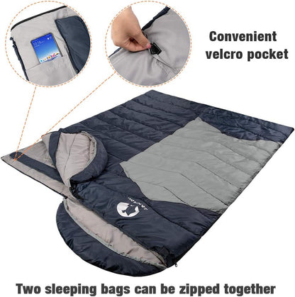 Double Sleeping Bag,2 Person Sleeping Bag Lightweight Waterproof with 2 Pillows for Camping, Backpacking, or Hiking for Adults or Teens Queen Size XL & XXL