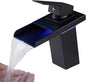 LED Light Bathroom Sink Faucet, 3 Colors Changing Waterfall Spout, Hot and Cold Water Mixer Tap, Black