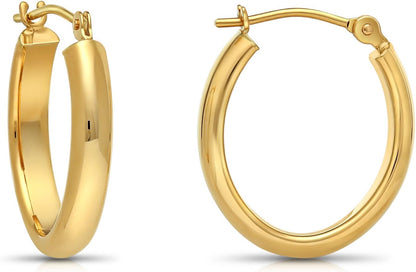 14K Gold Small Oval Polished Hoop Earrings (0.7 Inch Diameter)