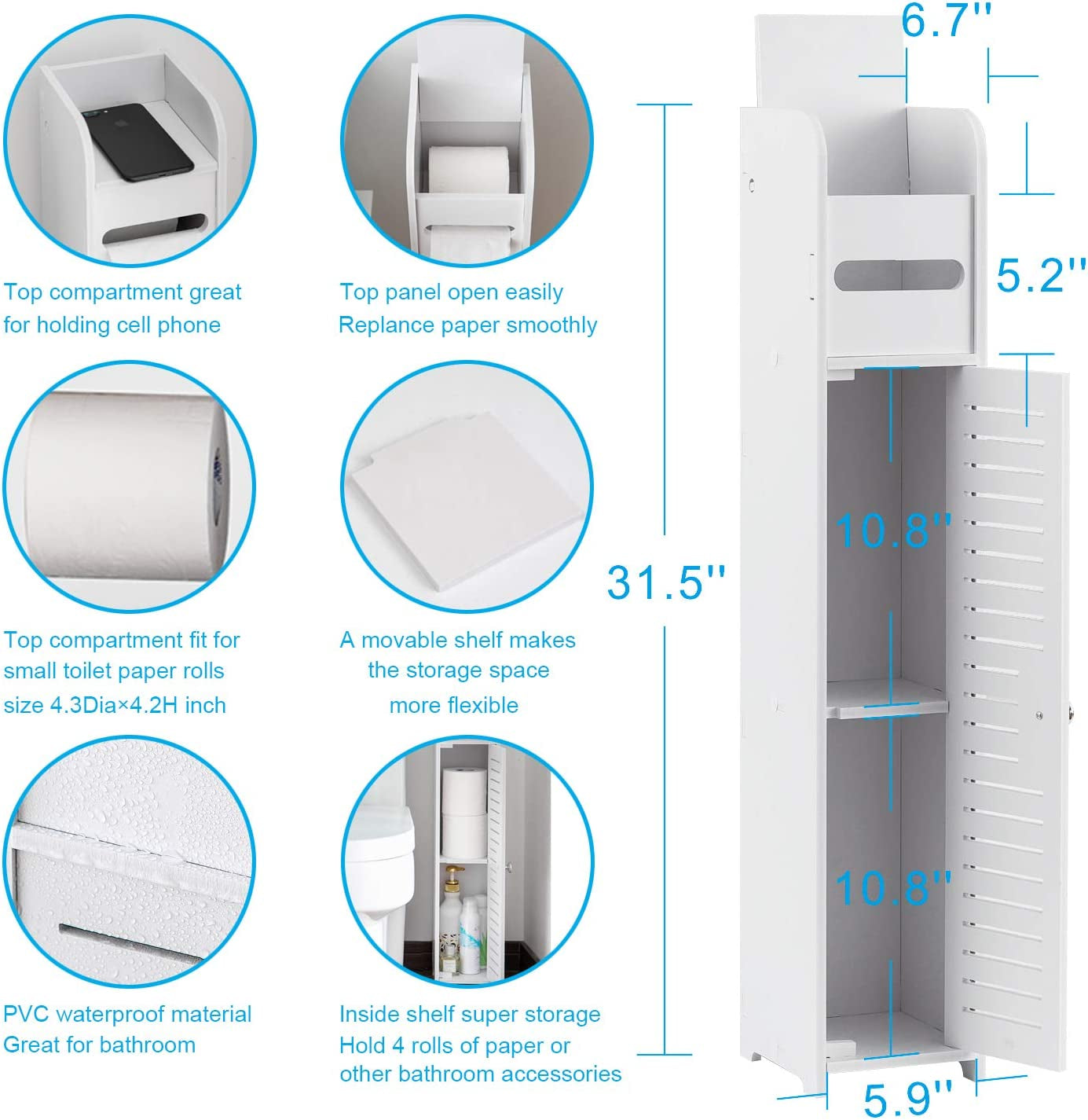 Toilet Paper Holder Stand: Small Bathroom Storage Cabinet for Small Spaces,White