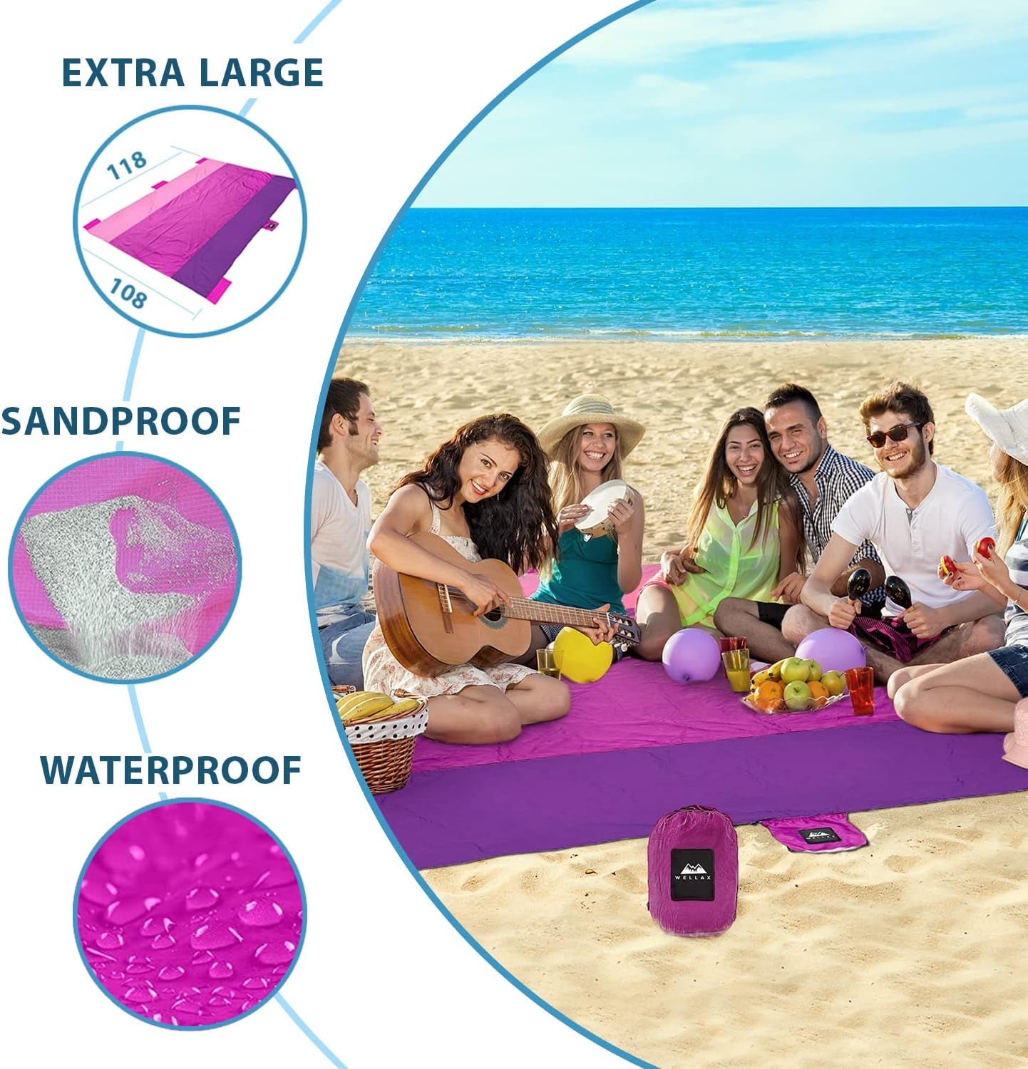 Beach Blanket Waterproof Sandproof, Lightweight Beach Mat for 8 Persons 9X10 Ft. Sand Repellent, Quick Drying, & Durable with 8 Pockets, 4 Stakes, Great for Picnic, Camping, Travel & Outdoor