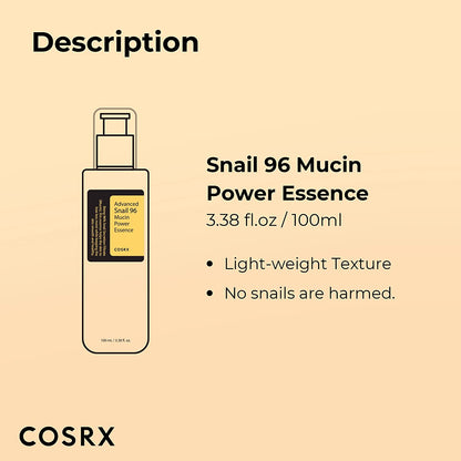 Snail Mucin 96% Power Repairing Essence 3.38 Fl.Oz 100Ml, Hydrating Serum for Face with Snail Secretion Filtrate for Dull Skin & Fine Lines, Korean Skincare