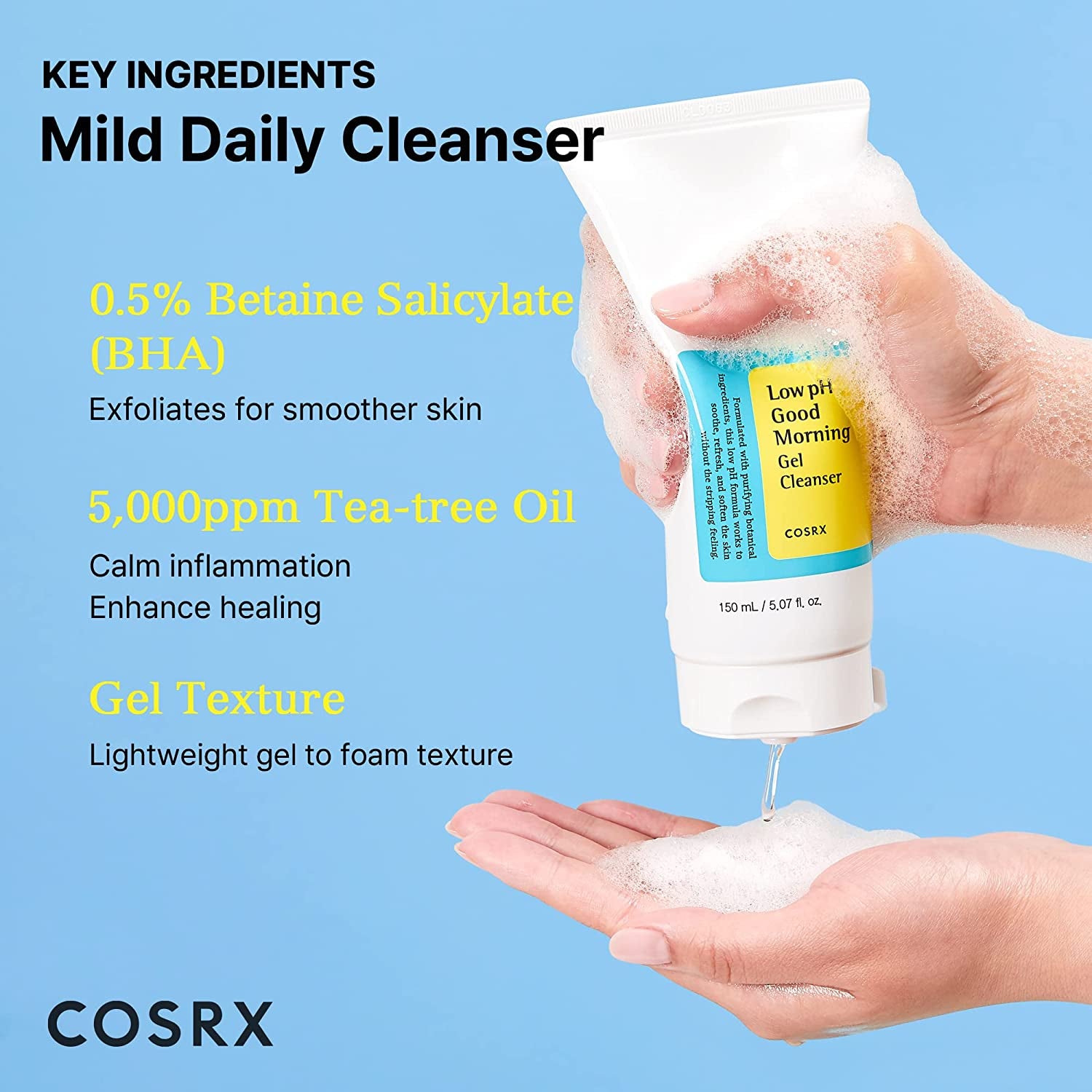 Low Ph Good Morning Gel Cleanser, Daily Mild Face Cleanser for Sensitive Skin with BHA & Tea-Tree Oil, PH Balancing, Korean Skincare (5.07Fl.Oz/150Ml)