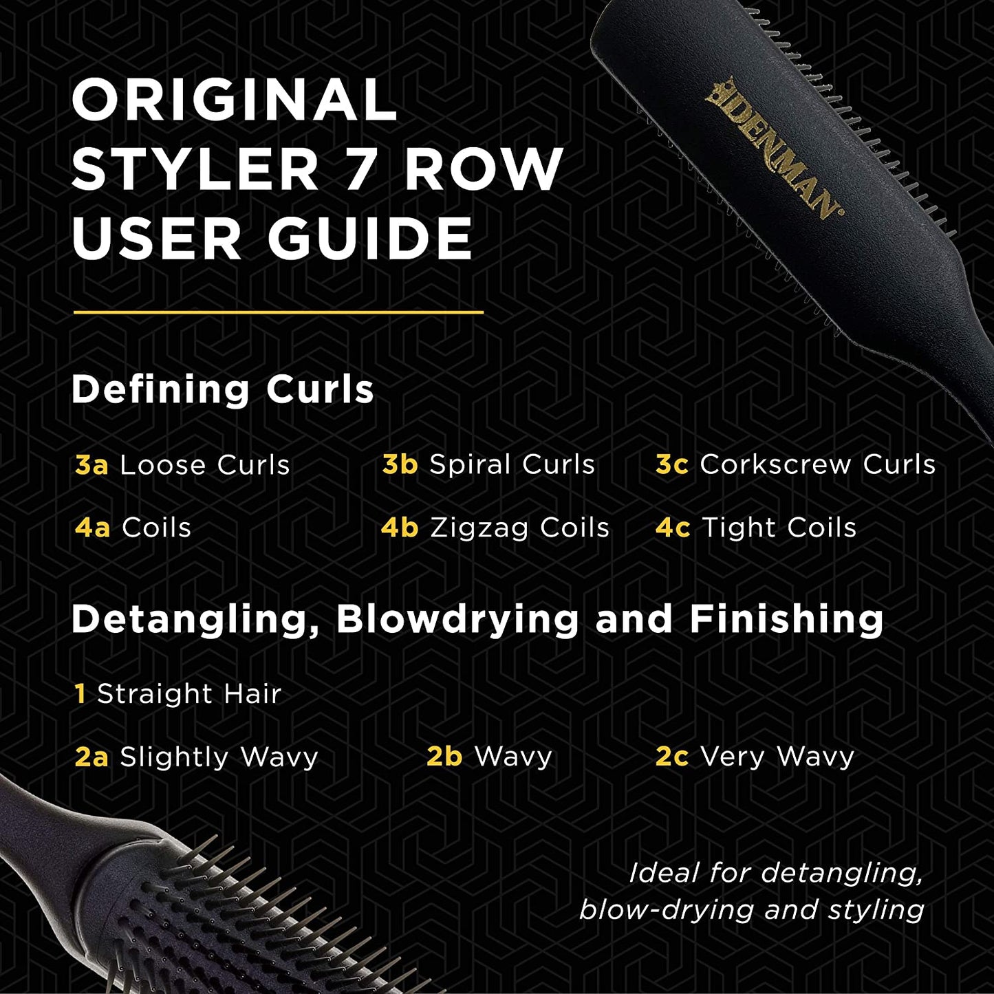 Jack Dean by  Curly Hair Brush D3 (All Black) 7 Row Styling Brush for Detangling, Separating, Shaping and Defining Curls - for Women and Men