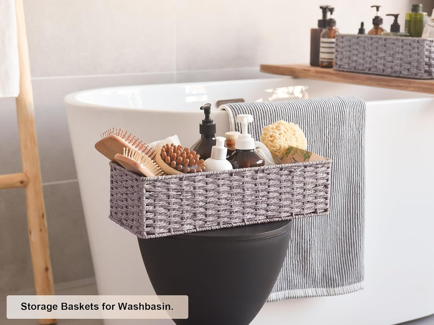 Toilet Basket Tank Topper, Toilet Paper Basket for Bathroom, round Paper Rope Storage Basket for Toilet Tank Top, Bathroom Wicker Basket, Gray, 2 Pack