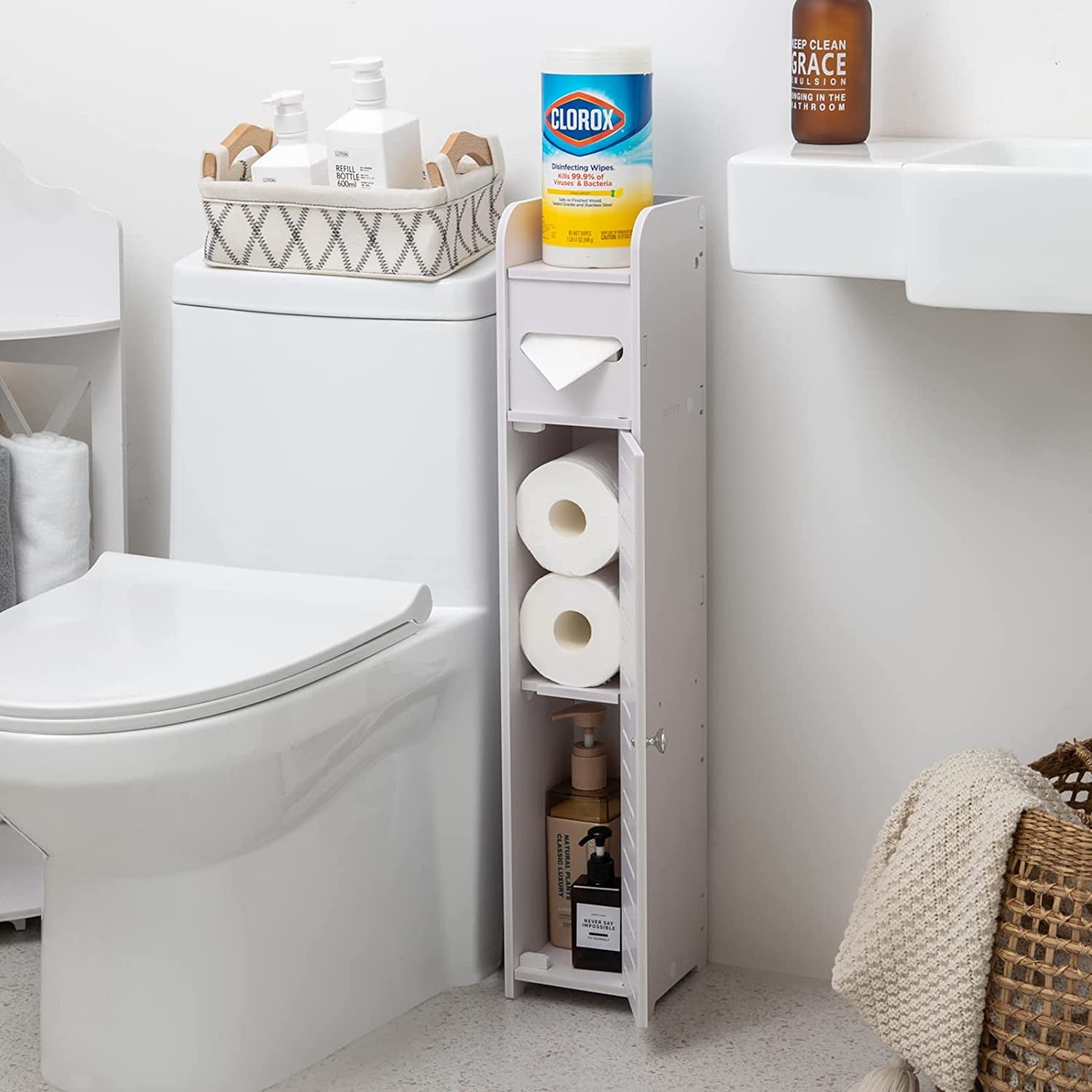 Toilet Paper Holder Stand: Small Bathroom Storage Cabinet for Small Spaces,White