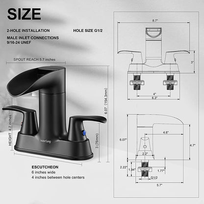 Black Waterfall Spout Bathroom Faucet,  2-Handle Bathroom Sink Faucet with Pop up Drain & Supply Lines, RV Lavatory Vessel Faucet 4 Inch Centerset Waterfall Bathroom Faucet, 2 or 3 Hole