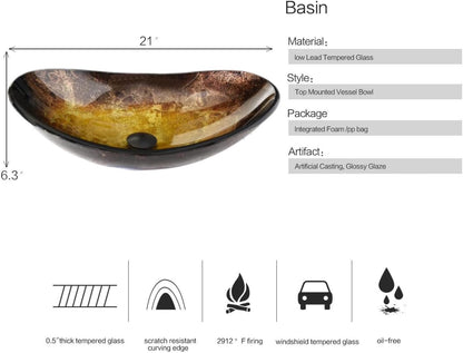 Bathroom Vessel Sink, Boat Shape Bathroom Artistic Glass Vessel Bowl Basin with Free Oil Rubbed Bronze Faucet and Pop-Up Drain, Gold Ingot