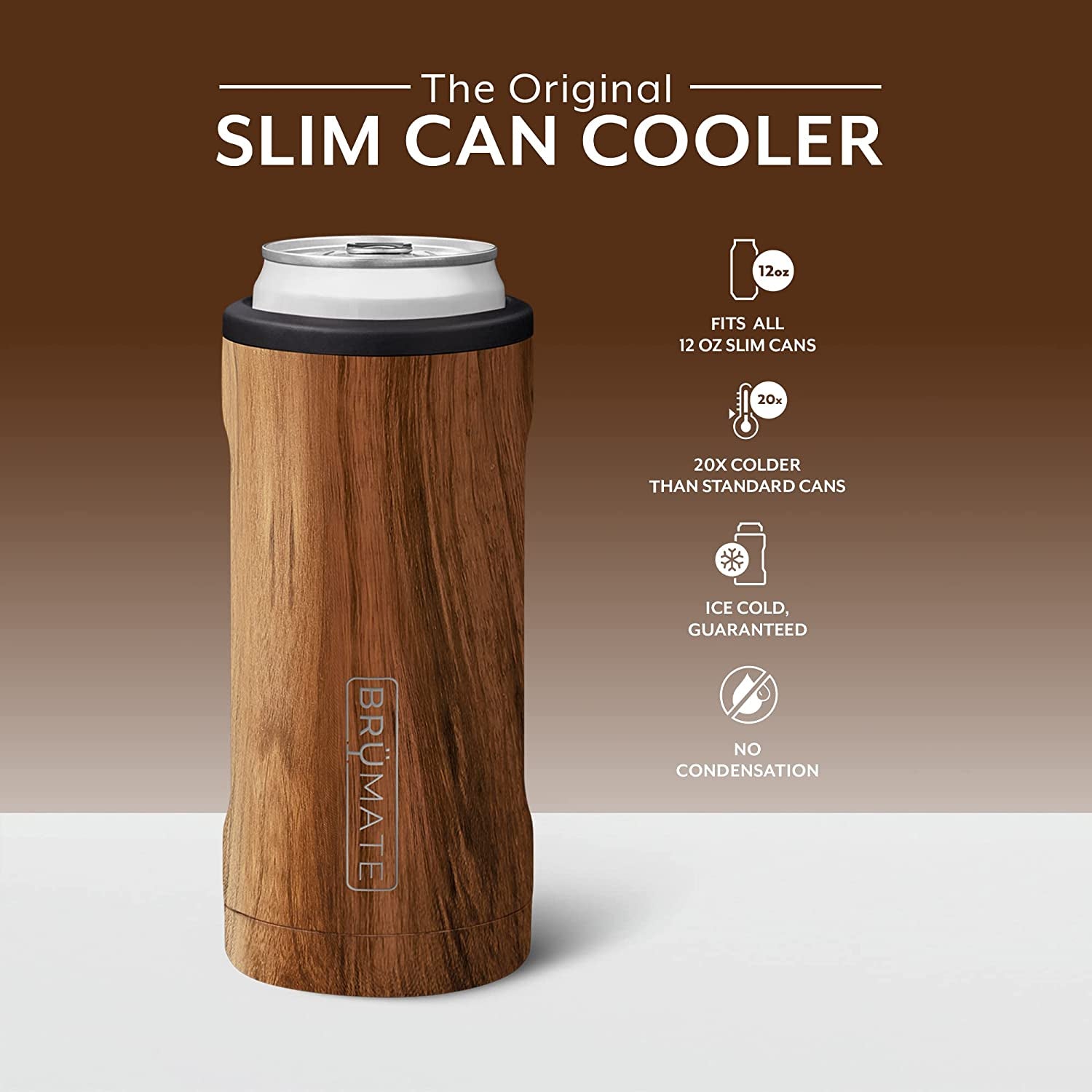 Hopsulator Slim Can Cooler Insulated for 12Oz Slim Cans | Skinny Can Insulated Stainless Steel Drink Holder for Hard Seltzer, Beer, Soda, and Energy Drinks (Walnut)